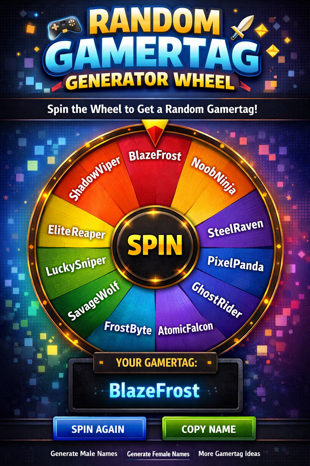 Colorful random gamertag generator wheel with spin button, vibrant neon segments, and generated username BlazeFrost displayed below.