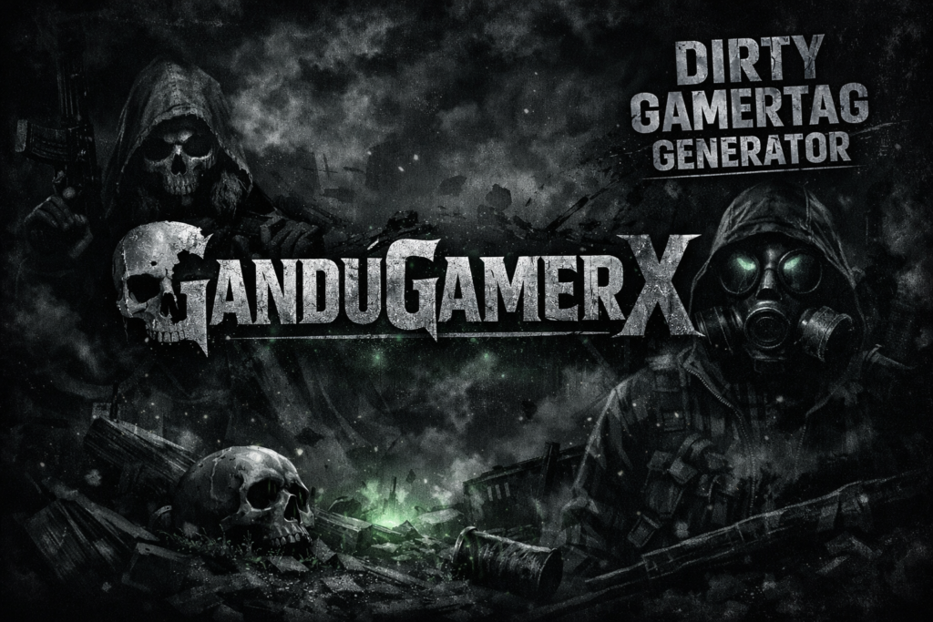 Dark toxic gaming banner with black color vibe featuring a bold metallic gamertag text in the center, surrounded by shadowy masked characters, skull elements, and smoky effects, with “Dirty Gamertag Generator” text placed in the corner, creating an intense and engaging gamer-style visual.