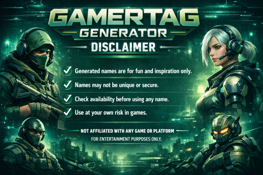 Gamertag Generator disclaimer banner with gaming controller, keyboard, and headset in a modern green and teal gaming theme, highlighting name availability and usage warnings