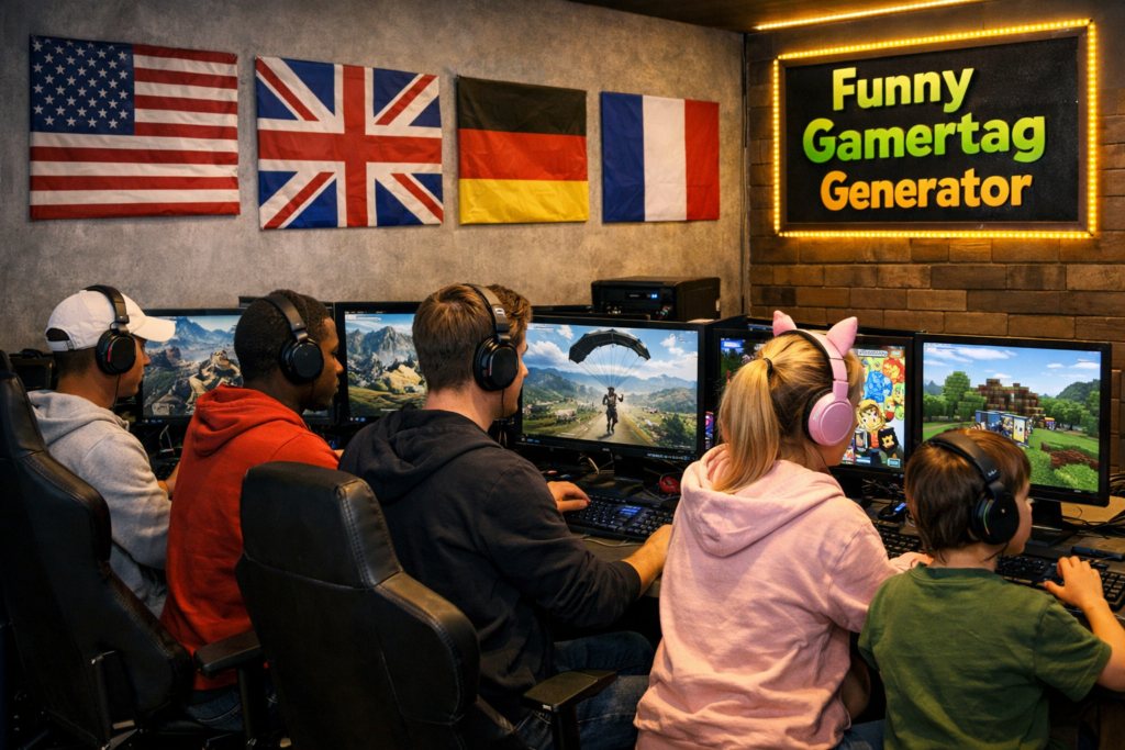 “Realistic gaming room scene with five gamers sitting side by side at a multi-PC gaming setup. Each player is focused on a different game—Free Fire, Call of Duty, PUBG, Roblox, and Minecraft—wearing headsets and gaming chairs. On the wall behind them are portrait flags of the USA, UK, Germany, and France, and in the corner a glowing neon sign reads ‘Funny Gamertag Generator.’ The room has warm LED lighting and a professional esports-style atmosphere.”
