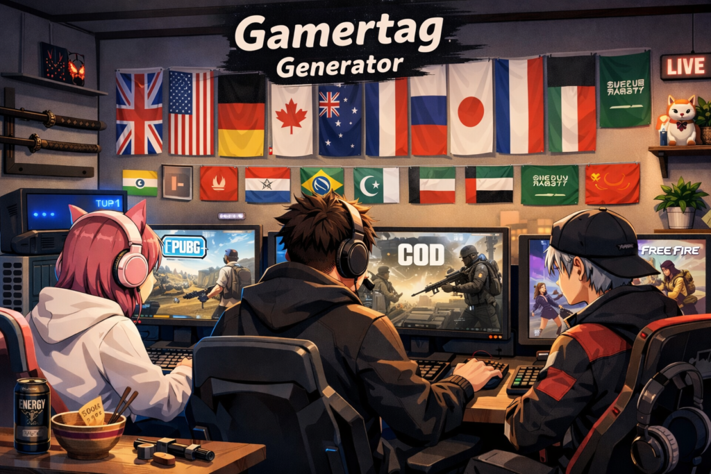 Aesthetic anime-style gaming room with three gamers playing PUBG, Call of Duty, and Free Fire on PCs, “Gamertag Generator” heading on wall, multiple country flags including UK, USA, Germany, Canada, Japan, China, Pakistan, India, France, Russia, Brazil, UAE, Saudi Arabia, Australia, and Hong Kong, modern esports setup.