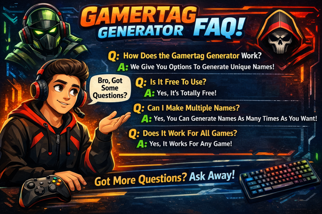 Gamertag Generator FAQs image with pure gaming vibe..