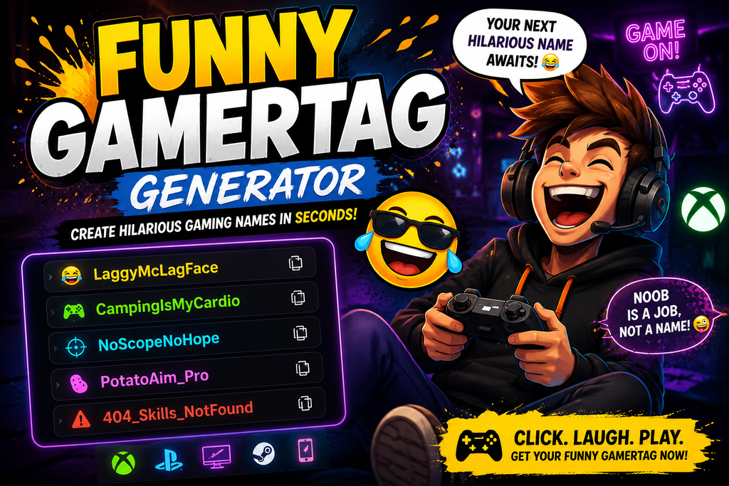 "Funny Gamertag Generator featuring hilarious gaming usernames, Xbox gamertag ideas, cartoon gamer, laughing emoji, and creative funny gamertag names for Xbox, PlayStation, Steam, Fortnite, and PC gamers."