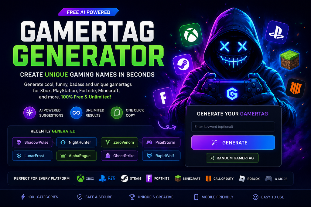 Free AI Gamertag Generator to create unique Xbox, PlayStation, PS5, Fortnite, and Minecraft gaming usernames